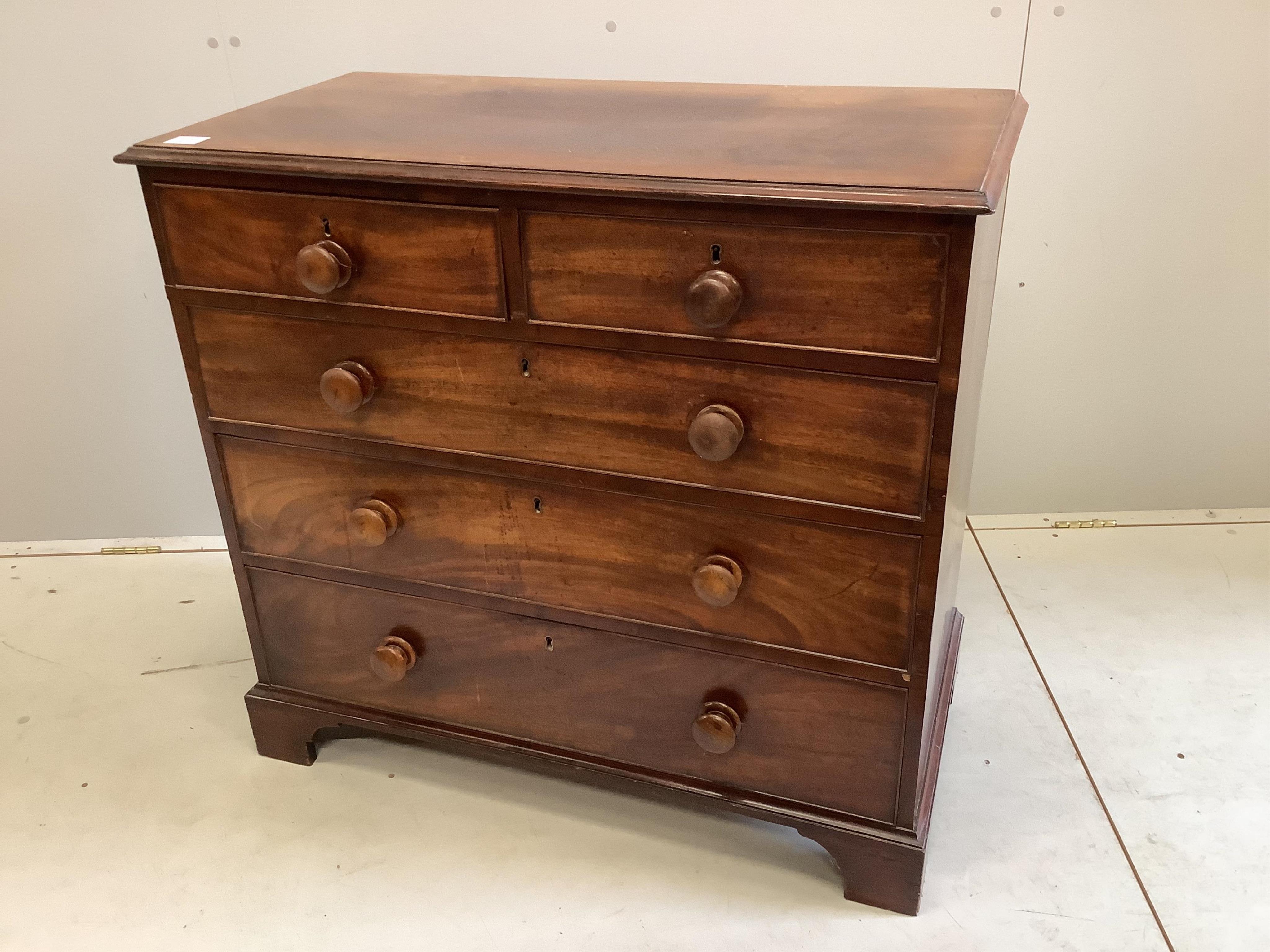 A small George IV mahogany chest of five drawers, width 94cm, depth 48cm, height 87cm. Condition - poor-fair